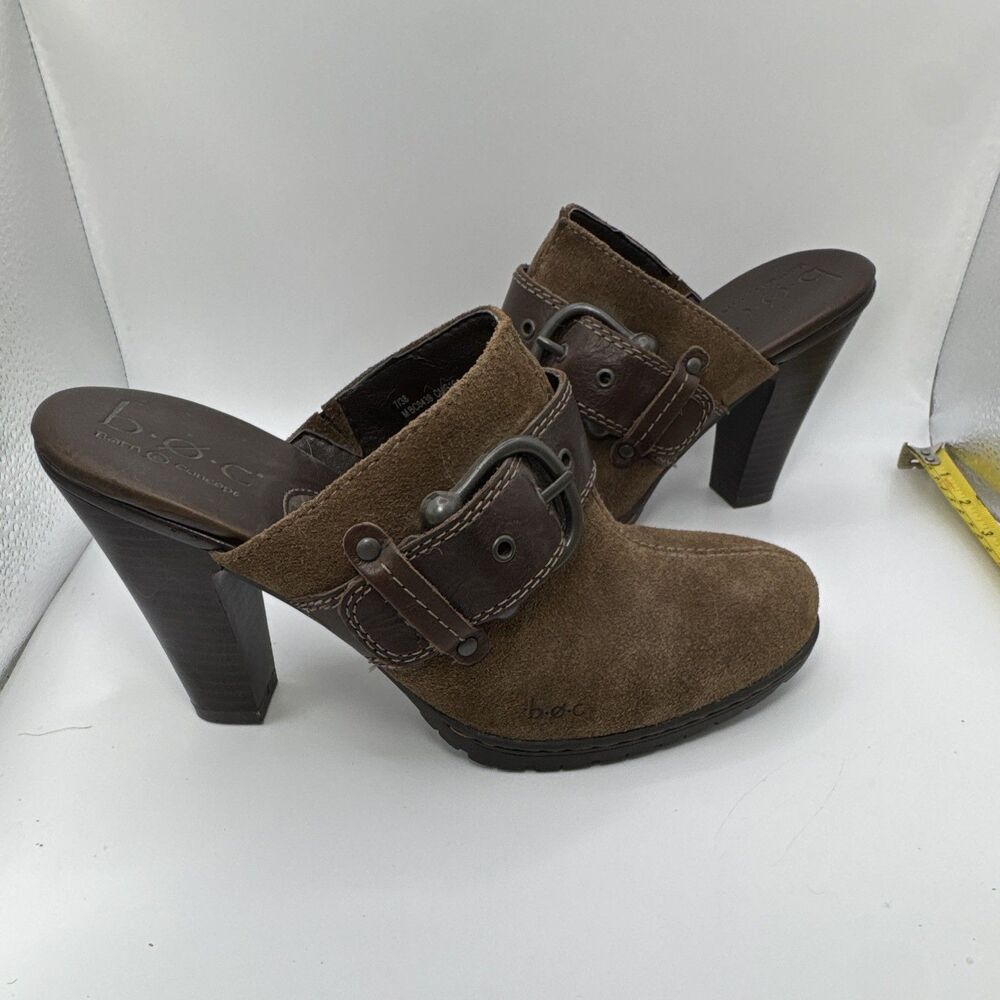 b.o.c. Womens Brown Suede Slip-On Mule Heels Buckle Solid Round Toe